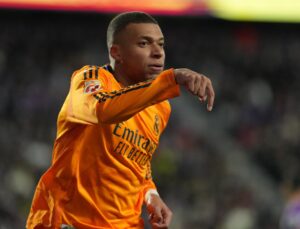 Kylian Mbappe reacts to Real Madrid first hat trick